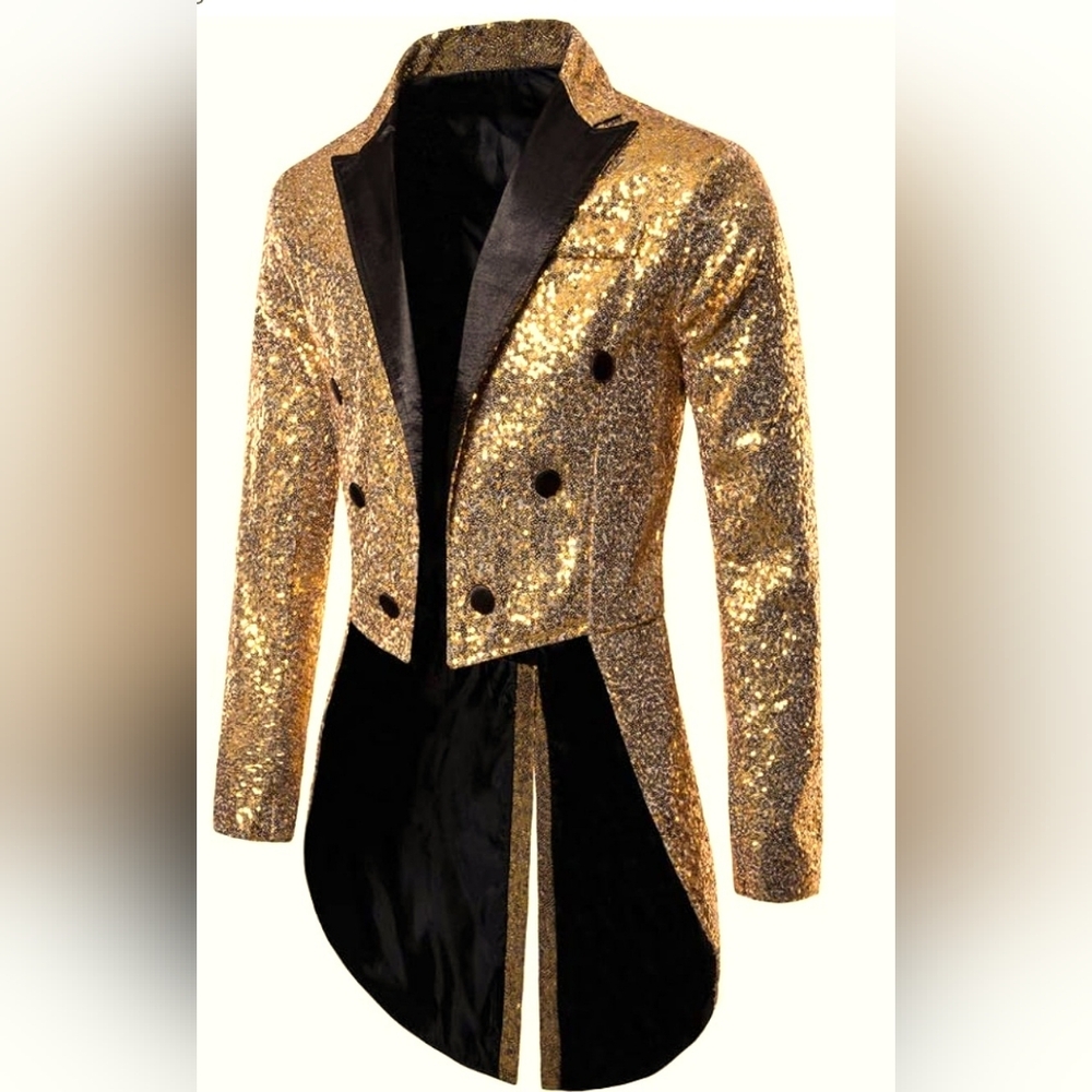 Gold Sequin Mens Tuxedo Costume Performance Theater Jacket, Size S
